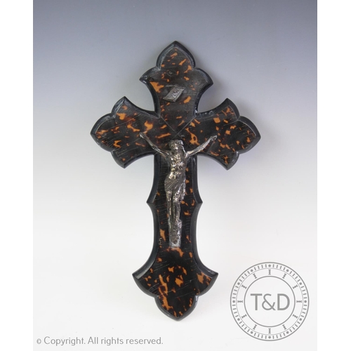 87 - A 19th century white metal and tortoiseshell mounted crucifix, designed with a white metal cast Chri... 