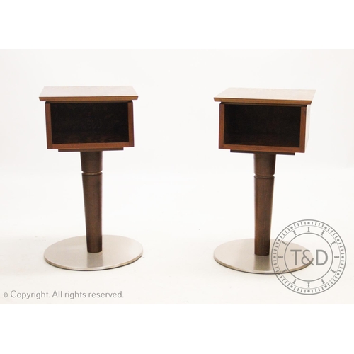 872 - A pair of 1970's retro bedside/lamp tables, the square burr veneered tops with a rectangular vacant ... 