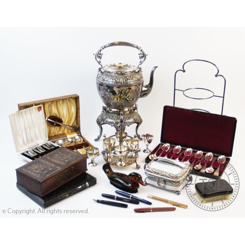 99 - A collection of silver plated items to include, a continental metal mounted sardine dish, the cerami... 