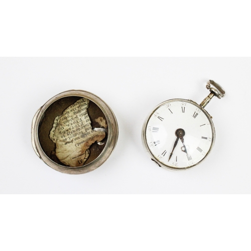 107 - A George III silver pair case pocket watch, the white enamel dial with Roman and Arabic numerals, pl... 