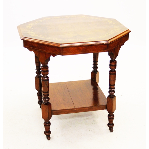 836 - A late Victorian walnut octagonal occasional table, the quarter veneered moulded top inlaid with a t... 