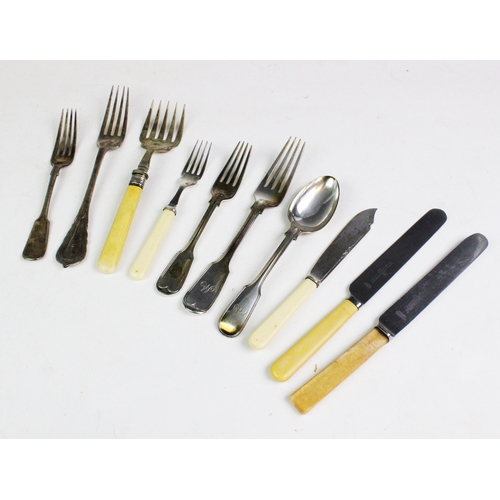 101 - A selection of early 20th century and later silver plated flatware, to include a set of six ivorine ... 