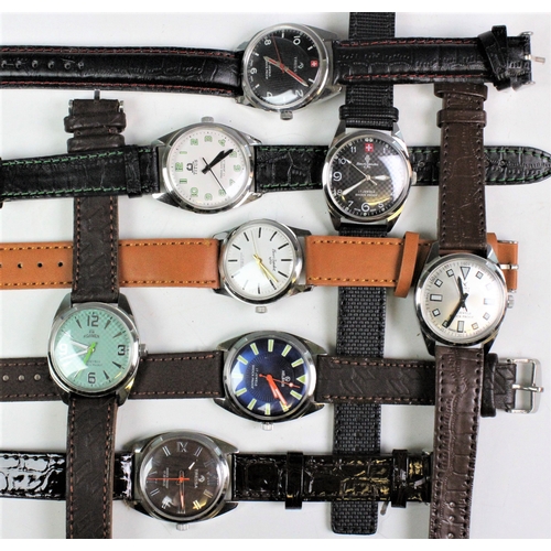 115A - A selection of eight gentleman's stainless steel 17 jewel wristwatches, including two by Henri Sando... 