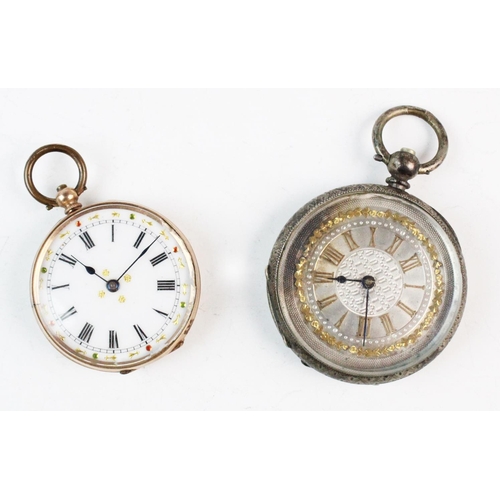 121 - A lady's 9ct gold continental open face pocket watch, the white enamel dial with roman numerals, eng... 