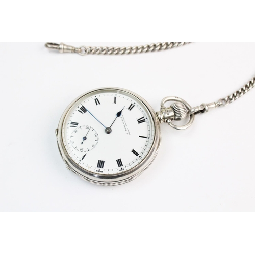 122 - A silver open-face pocket watch by William Crow, Stratford. E, the round white enamel dial with blac... 