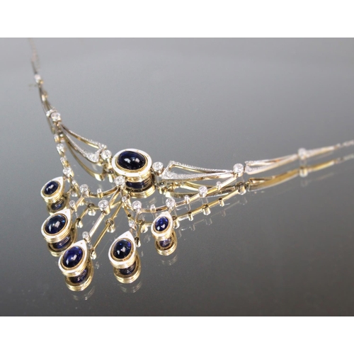 162 - An Edwardian sapphire, diamond and enamel festoon necklace, the white metal openwork swag design nec... 