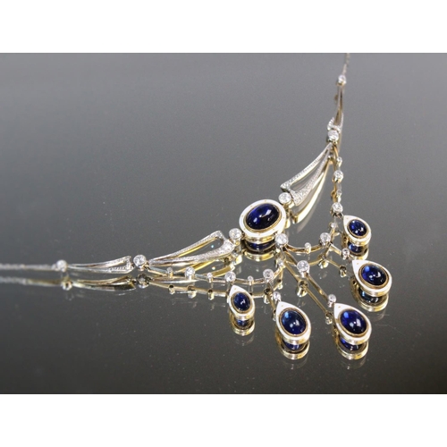 162 - An Edwardian sapphire, diamond and enamel festoon necklace, the white metal openwork swag design nec... 