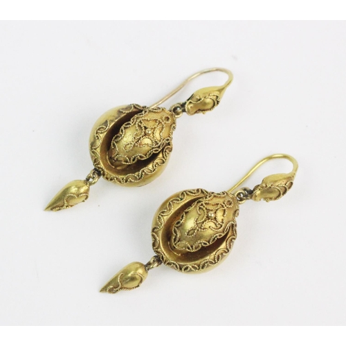 163 - A pair of Victorian stylised snake form drop earrings, each comprising a stylised snake head mount s... 