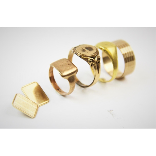 179 - A 9ct gold ring, the band with stylised fluted and band detail, size Q/P, with a yellow metal signet... 