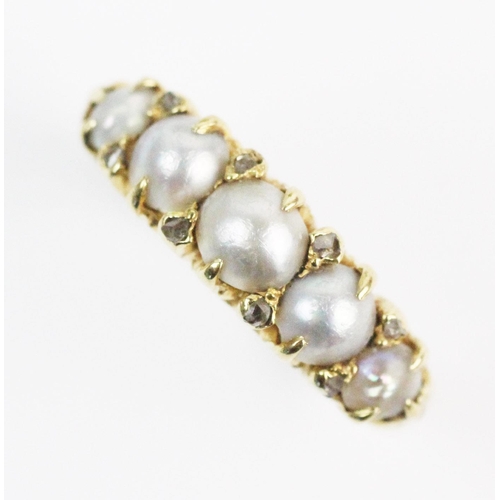 195 - A mabe pearl and diamond ring, comprising five graduated mabe pearls interspersed by small single cu... 