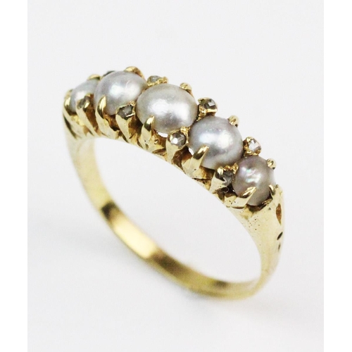 195 - A mabe pearl and diamond ring, comprising five graduated mabe pearls interspersed by small single cu... 