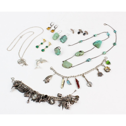 205 - A selection of silver and costume jewellery, to include, a silver charm bracelet with assorted silve... 