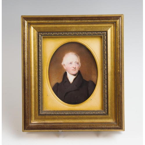 206 - English School, early 19th century, 
Portrait miniature on ivory of a gentleman in a black frock coa... 