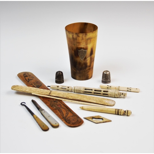 218 - A selection of 19th century and later wares, to include, a horn beaker, with applied white metal shi... 