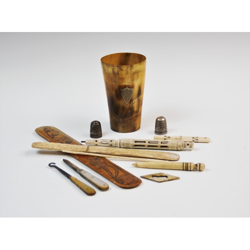 218 - A selection of 19th century and later wares, to include, a horn beaker, with applied white metal shi... 