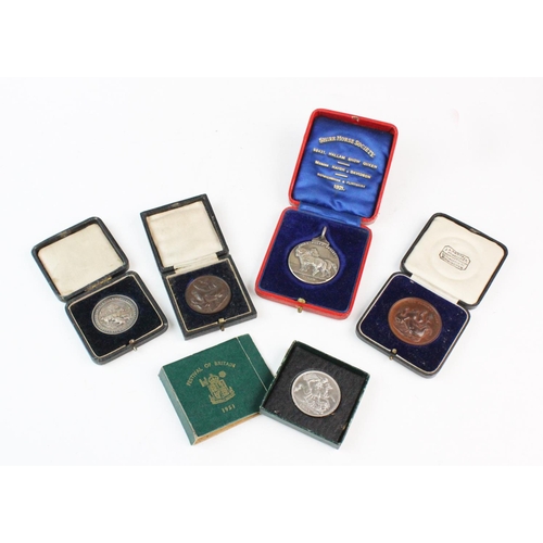 227 - A collection of five medallions to include, poultry, shire horse and Festival of Britain examples (5... 