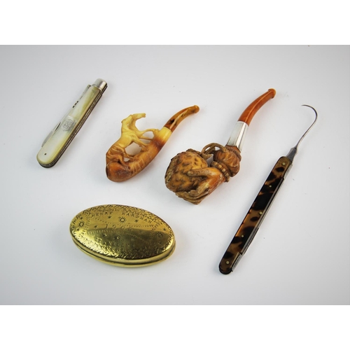 231 - A selection of early 20th century smoking items, comprising: a miners brass snuff box, of lozenge fo... 