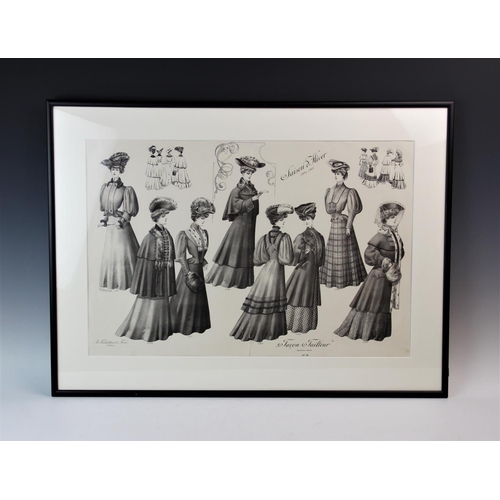 300 - A pair of French black and white fashion prints,
Depicting ladies in winter fashion 1904-1905, 
74cm... 