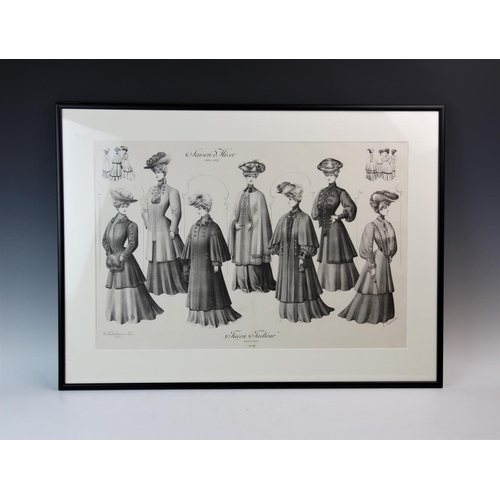 300 - A pair of French black and white fashion prints,
Depicting ladies in winter fashion 1904-1905, 
74cm... 