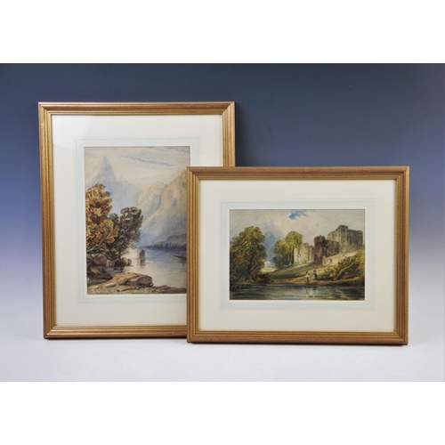 310 - A M Stuttard (English school),  
Two watercolours on paper,  
Castle scene with figures by a river a... 