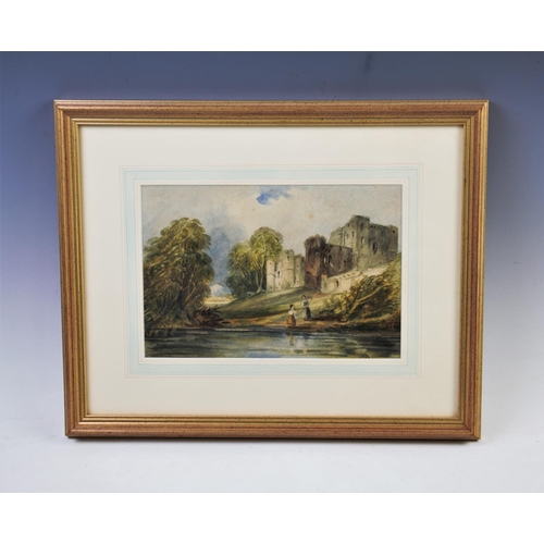 310 - A M Stuttard (English school),  
Two watercolours on paper,  
Castle scene with figures by a river a... 