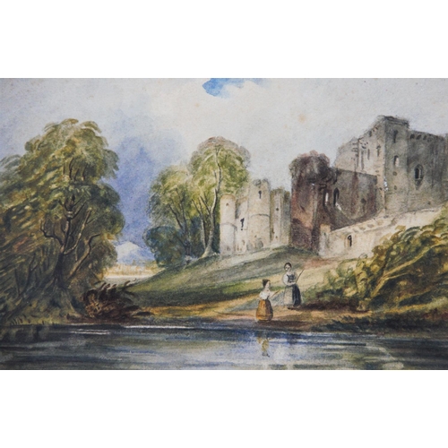 310 - A M Stuttard (English school),  
Two watercolours on paper,  
Castle scene with figures by a river a... 