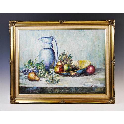 327 - L Evans (British, 20th century),  
Oil on canvas,  
Still life of fruit and a jug,  
Signed lower ri... 