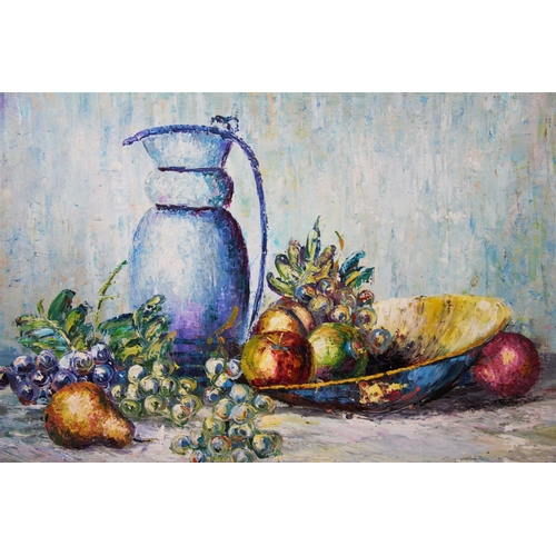 327 - L Evans (British, 20th century),  
Oil on canvas,  
Still life of fruit and a jug,  
Signed lower ri... 