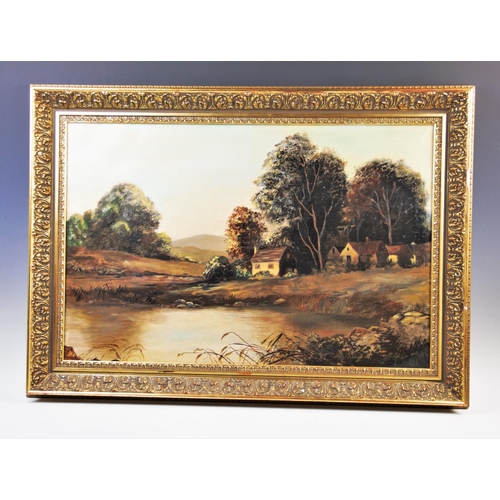 328 - English School,  
Oil on canvas,  
Landscape with cottage and pond,  
48.5cm x 74cm,  
Gilt framed, ... 