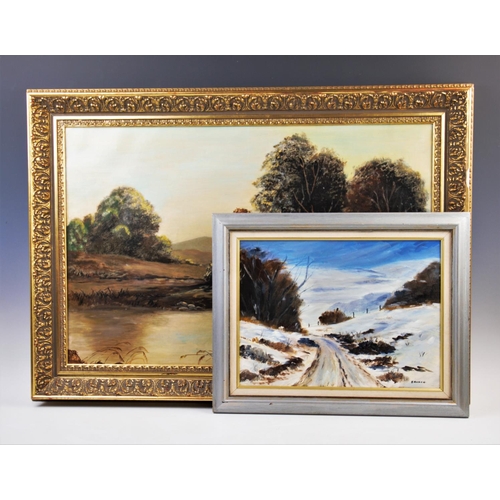 328 - English School,  
Oil on canvas,  
Landscape with cottage and pond,  
48.5cm x 74cm,  
Gilt framed, ... 