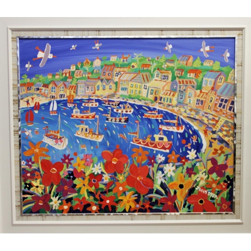 331 - John Dyer (b1968, contemporary British),  
Oil on board,  
Cornish harbour scene with flowers and se... 