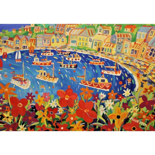 331 - John Dyer (b1968, contemporary British),  
Oil on board,  
Cornish harbour scene with flowers and se... 