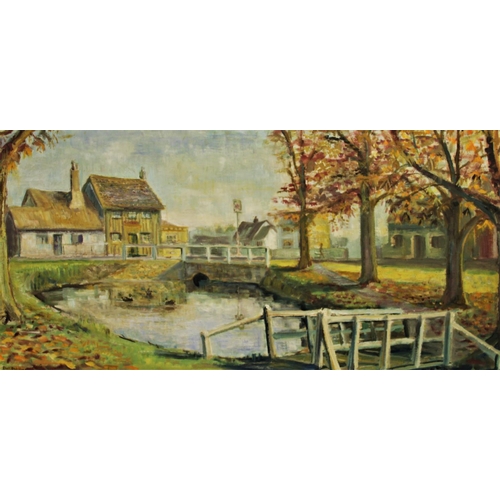 336 - David Dodridge (British, 20th century),  
Oil on board,  
Village scene with pond, bridge and pub,  ... 