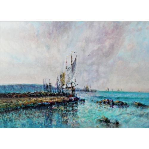 337 - Laszlo Ritter (Hungarian, 1937-2003),  
Oil on canvas,  
Sailing vessel moored at a quay,  
Signed l... 