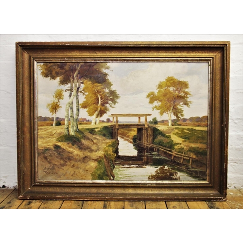 338 - Frans van der Glas (Dutch, 1878-1964),  
Oil on canvas,  
Bridge over a river,  
Signed lower left, ... 