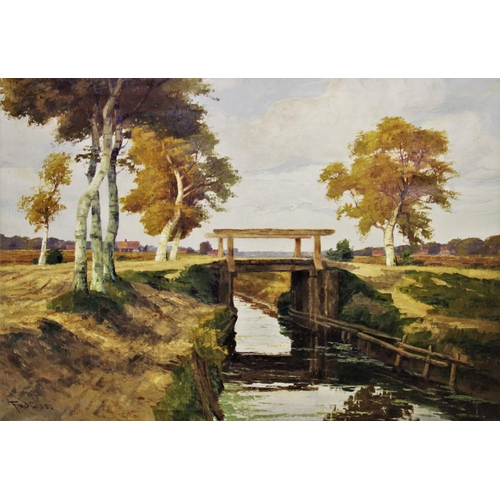 338 - Frans van der Glas (Dutch, 1878-1964),  
Oil on canvas,  
Bridge over a river,  
Signed lower left, ... 