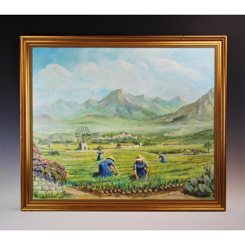 344 - 20th century (British),  
Oil on artist's board,  
Agricultural workers in a field,  
Signed 'Stockt... 