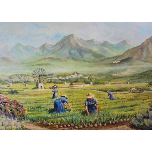 344 - 20th century (British),  
Oil on artist's board,  
Agricultural workers in a field,  
Signed 'Stockt... 