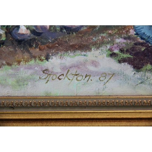 344 - 20th century (British),  
Oil on artist's board,  
Agricultural workers in a field,  
Signed 'Stockt... 