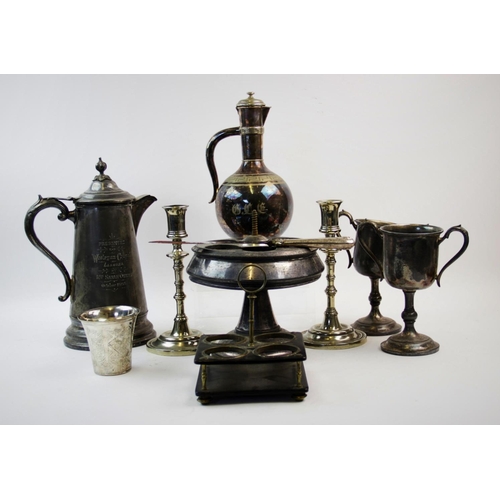 76 - A selection of silver plated wares, to include, a pair of Georgian style silver candlesticks, with k... 