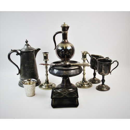 76 - A selection of silver plated wares, to include, a pair of Georgian style silver candlesticks, with k... 