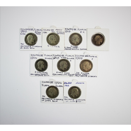 86 - An Edward VII Florin set, 1902 - 1910, nine coins individually card mounted (9)