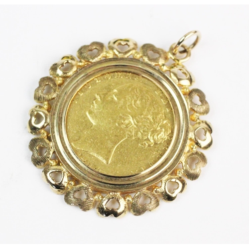 94 - A Victorian shield back sovereign dated 1864, set in a 9ct gold pierced heart motif border, 3.4cm di... 