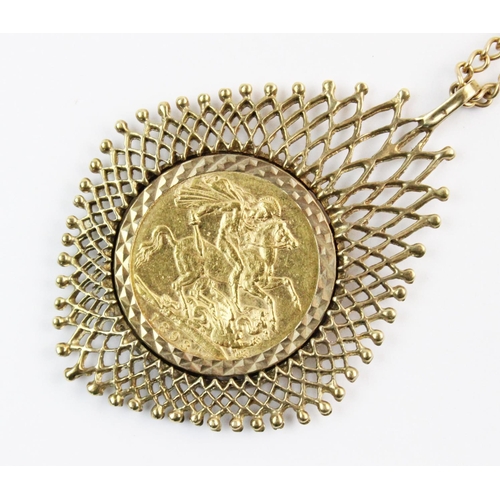 101 - A Victorian sovereign set pendant on chain, the sovereign dated 1893, claw set to a 9ct gold mesh bo... 