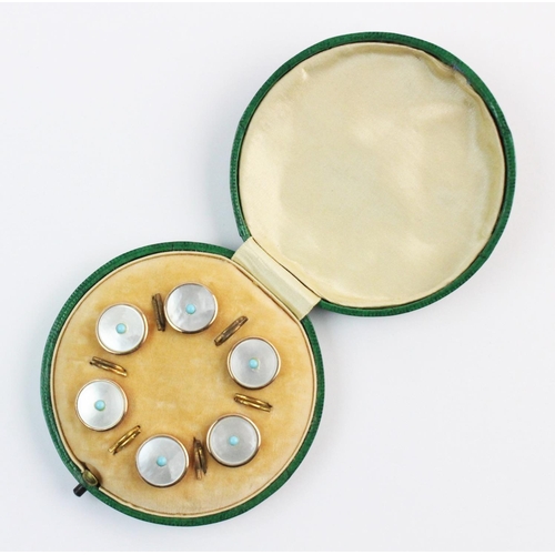 161 - A set of six mother of pearl and turquoise buttons, each round button comprising a mother of pearl d... 