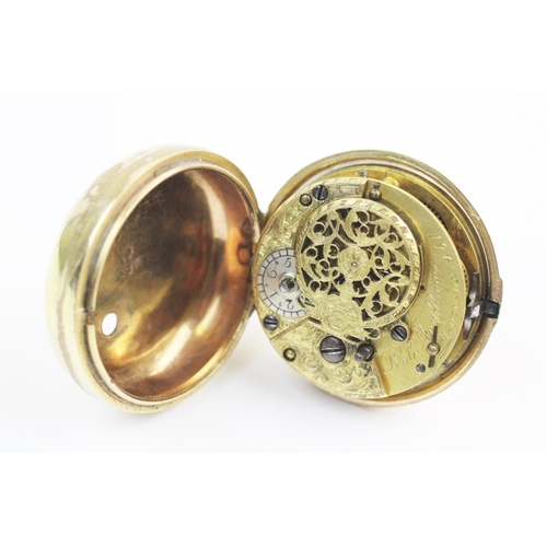 111 - A George III pair case pocket watch, the white enamel diamond with Arabic numerals and gold toned ha... 