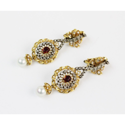 160 - A pair of continental diamond and pearl set garland drop earrings, the pierced oval garland form fra... 