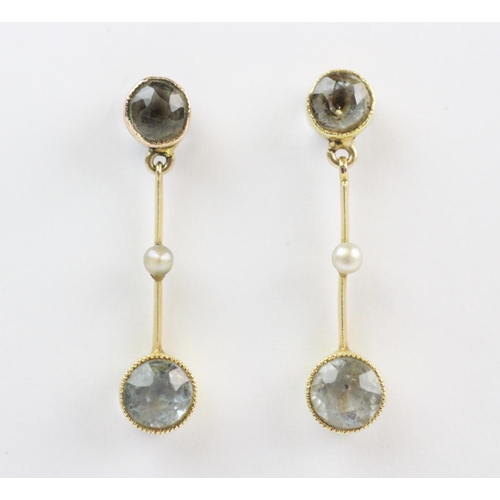 166 - A pair of Edwardian aquamarine and seed pearl set drop earrings, each comprising a round mixed cut a... 