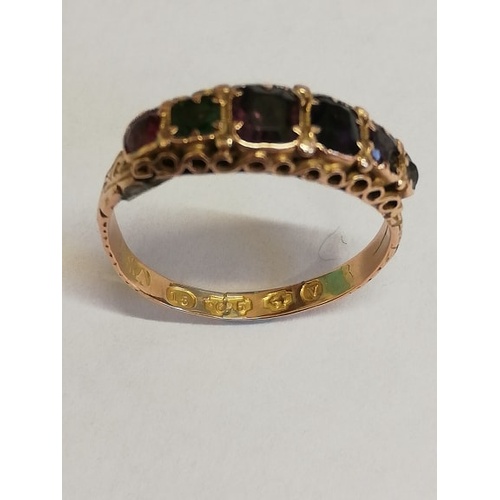 182 - A Victorian 15ct gold regard acrostic ring, comprising seven mixed cut gemstones of graduating size,... 