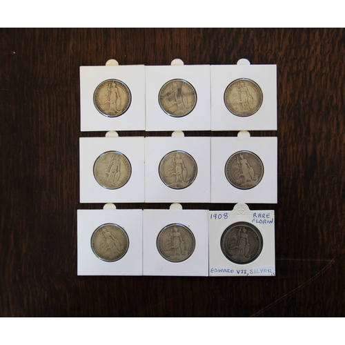 86 - An Edward VII Florin set, 1902 - 1910, nine coins individually card mounted (9)